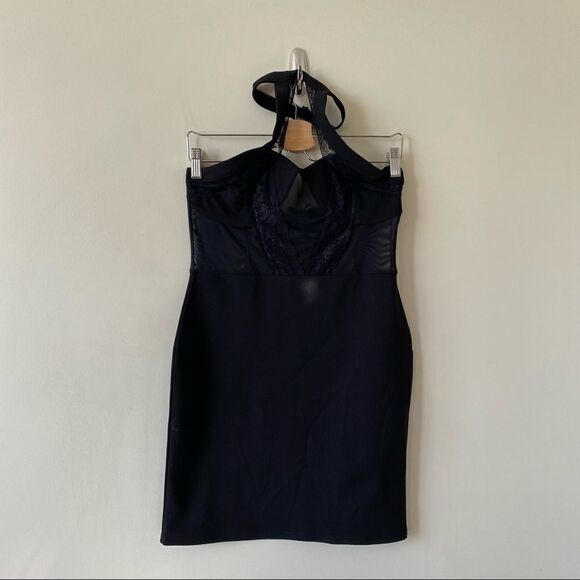 NWT-Black Lace Trim High Neck Sheer Top Bodycon Dress - Picture 2 of 11